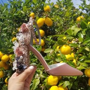 Jeweled Floral Heels in Pink